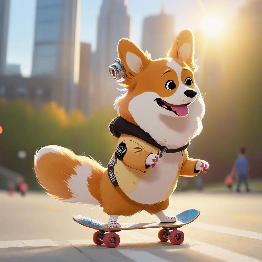 a cute character corgi skateboarding in Toronto, golden hour, epic composition <lora:COOLKIDS_XL_0.3_RC:1>