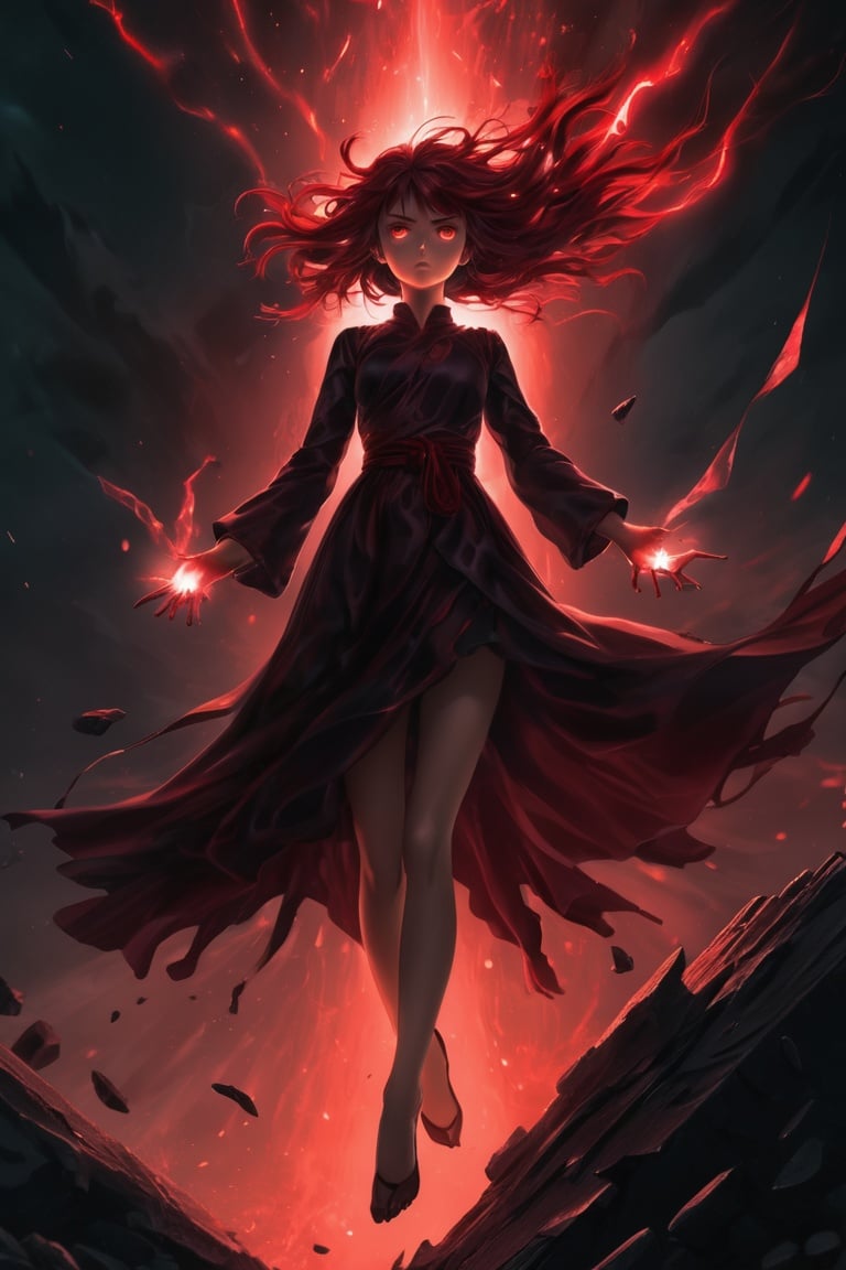 anime, masterpiece, best quality, ultra high res, beautiful, visually stunning, elegant, incredible details, award-winning painting, (dark art:1.1), deep shadow, (dark red theme:1.2), ,  glowing, aura, energy, beam, flying debris, angry, floating hair, 1girl