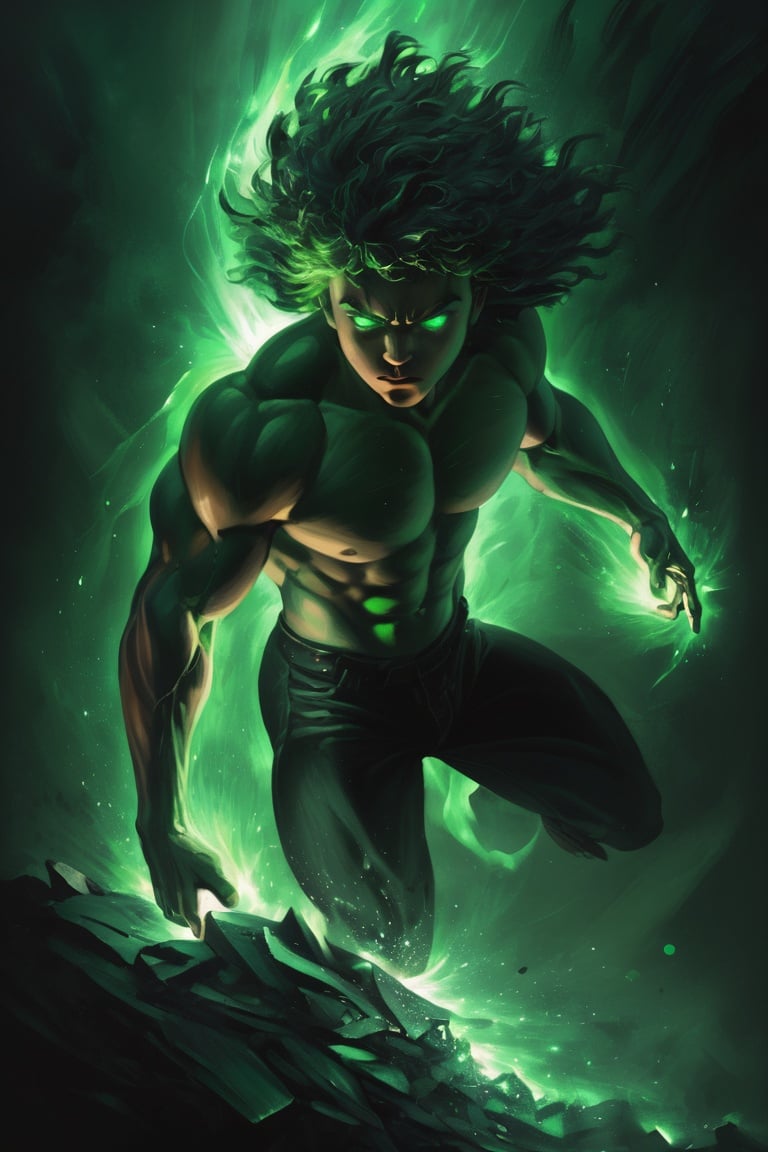     masterpiece, best quality, ultra high res, beautiful, visually stunning, elegant, incredible details, award-winning painting, (dark art:1.1), deep shadow, (dark green theme:1.2), , r1ge, glowing, aura, energy, beam, flying debris, [serious|angry], floating hair, 1boy, muscular,