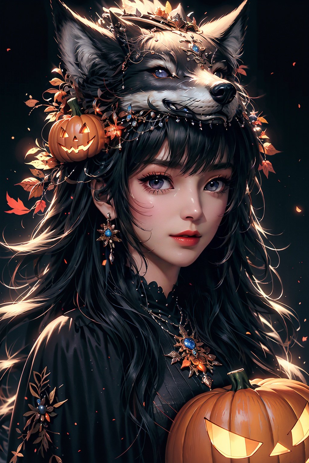  ((masterpiece)), ((best quality)), 8k, high detailed, ultra-detailed,(1girl),wearing a wolf costume, (solo), (headgear), (pumpkin hat), (costume), (headgear), (pumpkin hat), (details), (natural lighting), high detailed, ultra-detailed., xmv-hd, wsj-hd