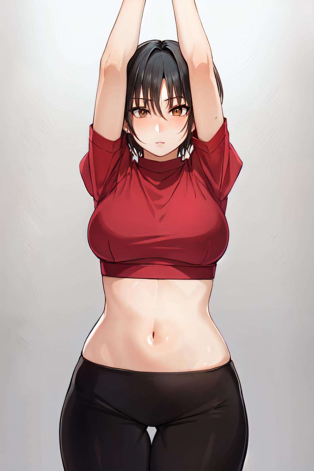 <lora:korotsuke_style:1>korotsuke style, solo, 1girl, short hair, black hair, red shirt, crop top, navel ,midriff, yoga pants, black pants, thigh gap, brown eyes, white background