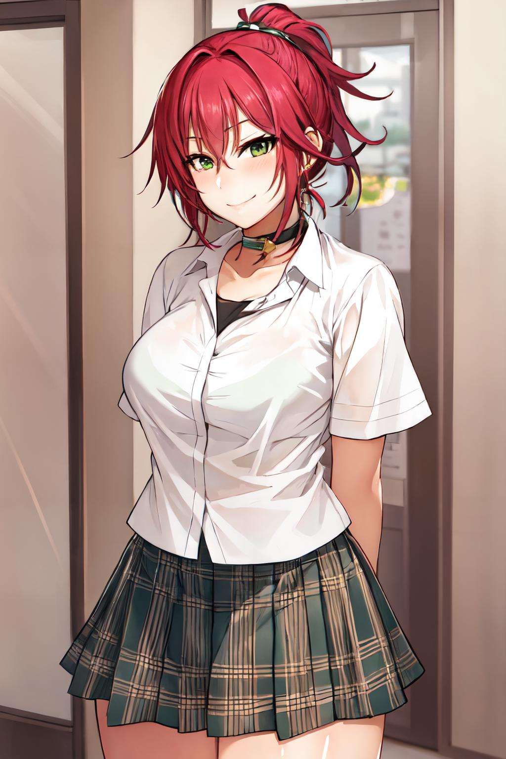 <lora:korotsuke_style:1> korotsuke style, 1girl,solo, red hair, green eyes long hair, looking at viewer, white shirt, plaid skirt, miniskirt, thighs, arms behind back, choker, ponytail,smile,blush, short sleeves, 