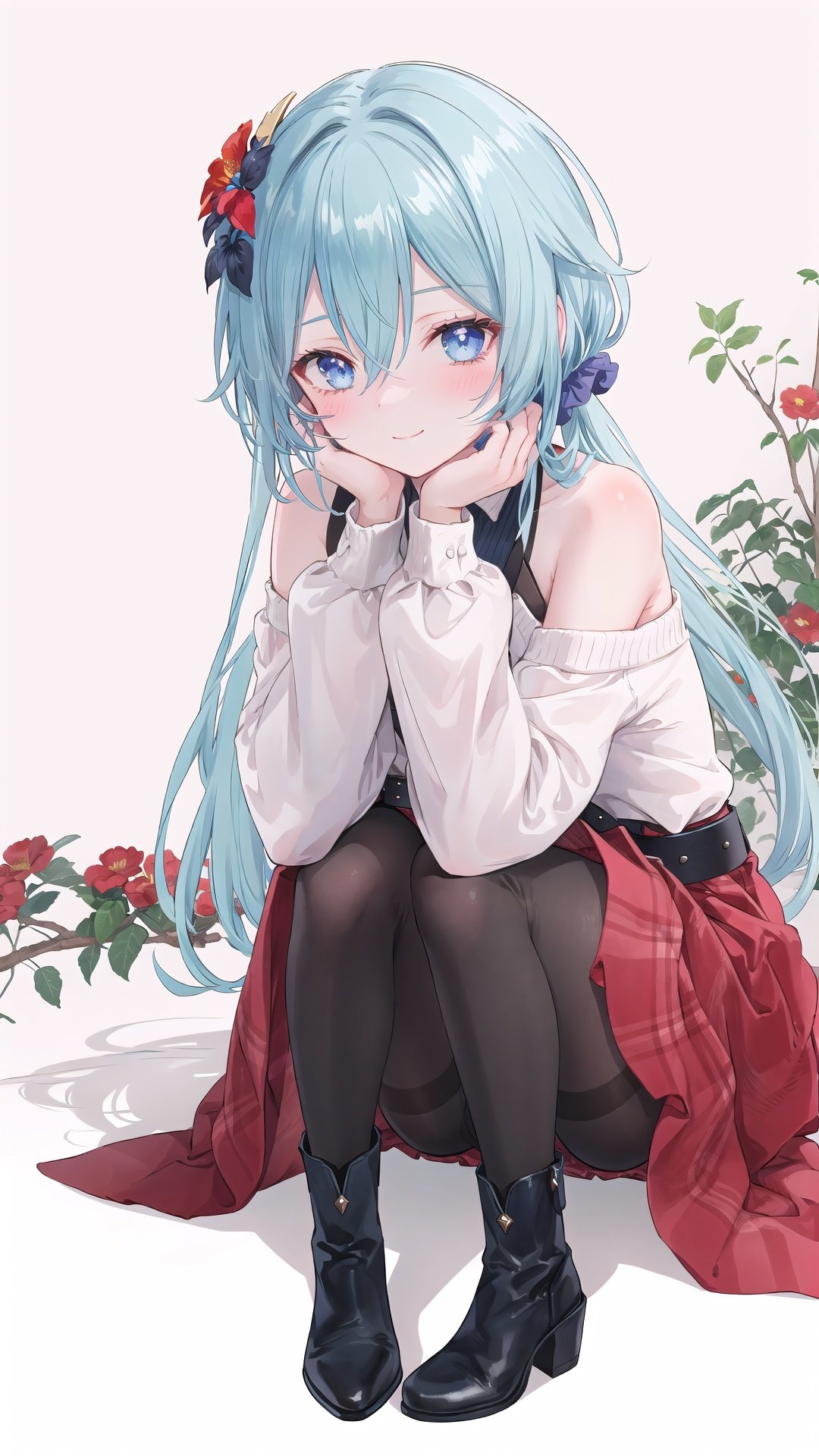 1girl, solo, blue hair, long hair, pantyhose, shoulder cutout, boots, high heels, hair ornament, looking at viewer, high heel boots, bare shoulders, sitting, belt, blush, sweater, skirt, smile, clothing cutout, bangs, plaid, black pantyhose, closed mouth, hairclip, brown footwear, shiny, ankle boots, flower, full body, long sleeves, floral background, hair between eyes, shiny hair, ribbed sweater, very long hair, blue eyes, red flower, jewelry, leaning forward, head rest, scrunchie, hands on own face, plaid skirt