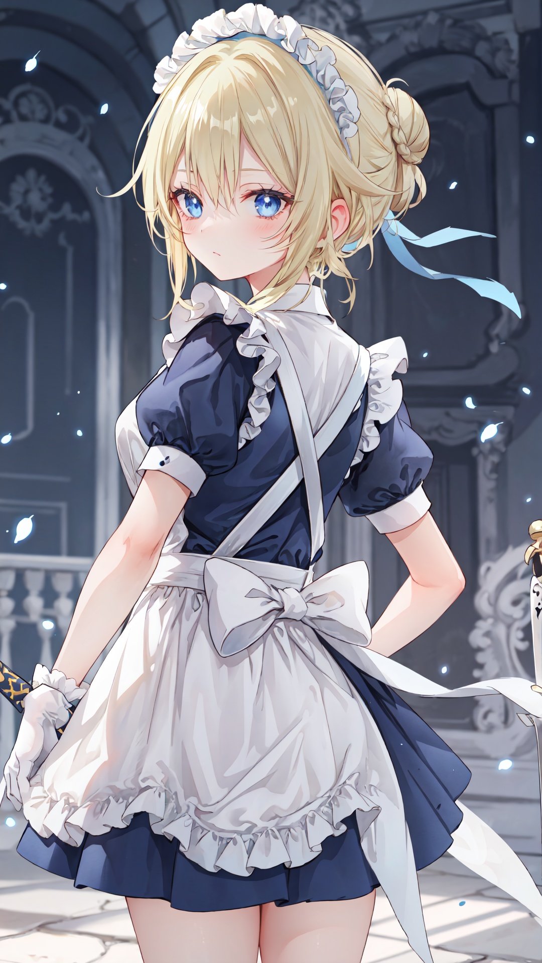 1girl, blonde hair, weapon, sword, gloves, holding, holding weapon, holding sword, white gloves, blue eyes, short sleeves, maid, long hair, maid headdress, apron, bow, solo, blue dress, dress, frills, white bow, puffy sleeves, puffy short sleeves, hair bun, sidelocks, bangs, maid apron, blurry, single hair bun, character name, blurry background, back bow, cowboy shot