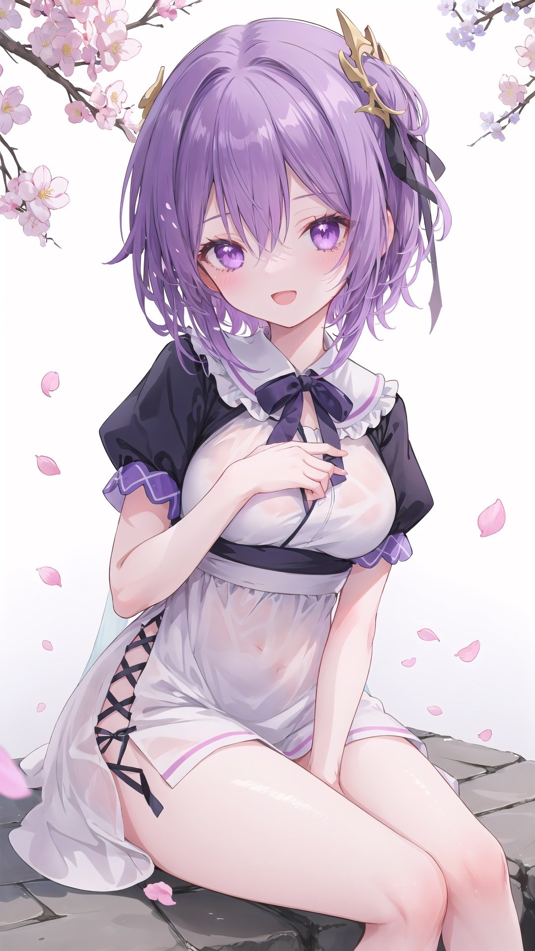 1girl, 間桐 桜,Matou Sakura,まとう さくら,matou sakura, solo, purple hair, purple eyes, dress, long hair, looking at viewer, smile, short sleeves, open mouth, bangs, hair ribbon, ribbon, sitting, simple background, white dress, shiny hair, puffy short sleeves, shiny, petals, puffy sleeves, official alternate costume, red ribbon, breasts, white background, hand on own arm, :d, fingernails, medium breasts