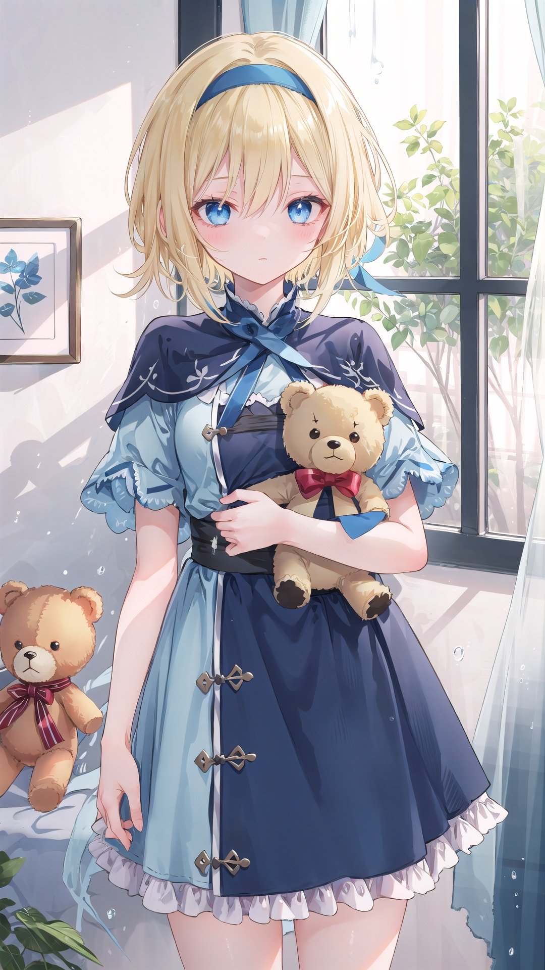 alice margatroid, 1girl, blonde hair, blue eyes, letterboxed, solo, window, rain, hairband, short hair, book, capelet, shanghai doll, doll, dress, stuffed animal, stuffed toy, sash, curtains, teddy bear, short sleeves, indoors, blue dress