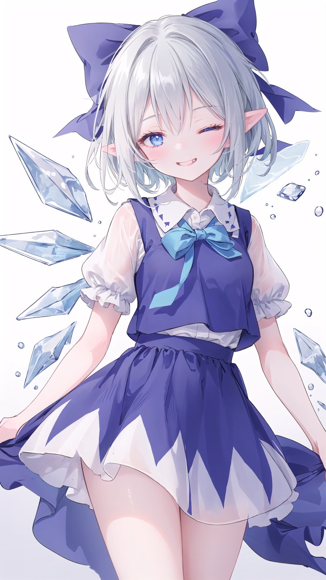 1girl, solo, one eye closed, cirno, monochrome, blue theme, wings, sketch, smile, hair bow, bow, tongue, tongue out, short hair, pointy ears, ice, simple background, ice wings, white background, looking at viewer, ribbon, grin