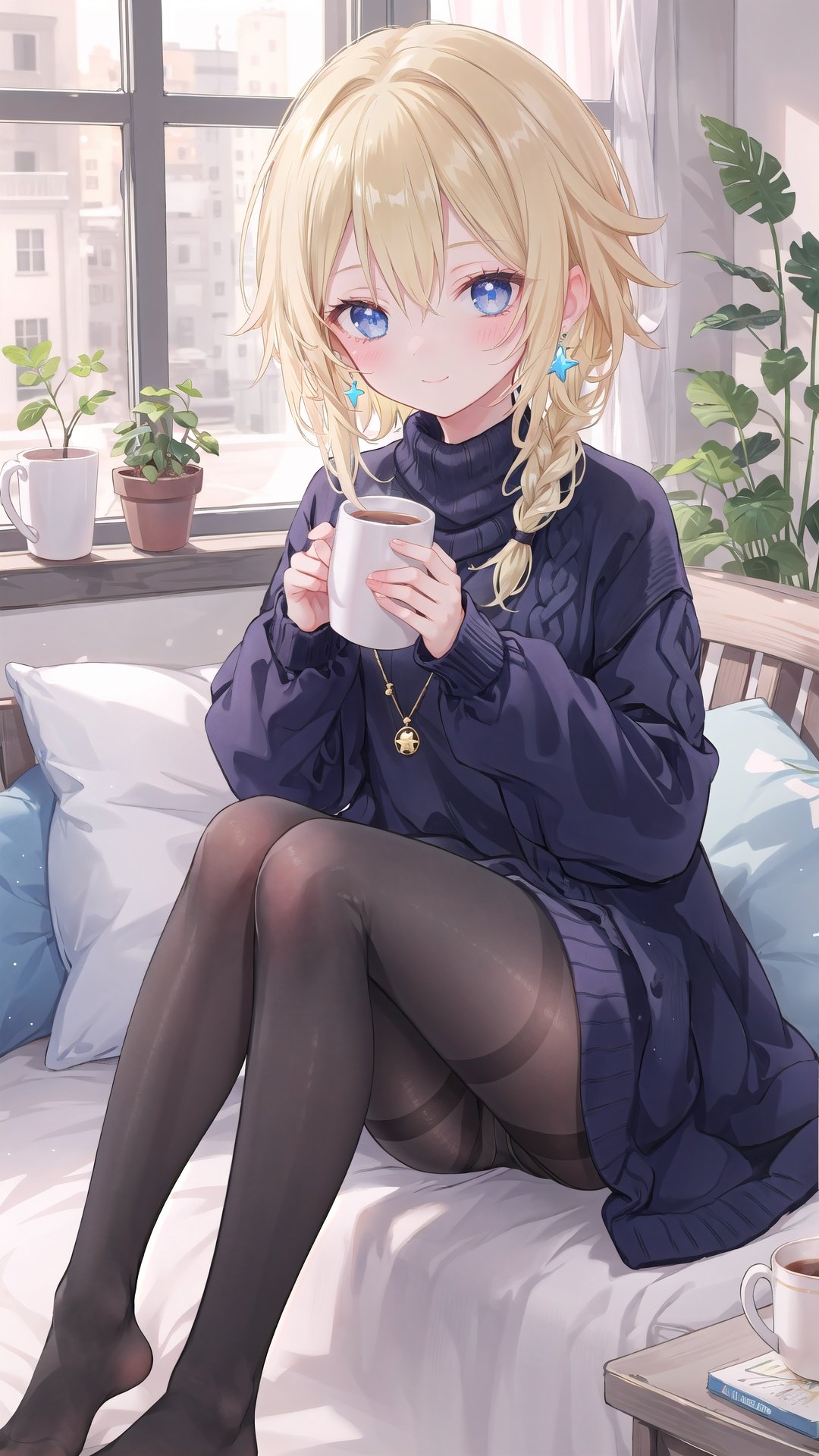 1girl, solo, blonde hair, pantyhose, sweater, long hair, blue eyes, smile, holding, sitting, cup, looking at viewer, pillow, window, holding cup, long sleeves, bangs, cable knit, braid, aran sweater, blush, thighband pantyhose, closed mouth, indoors, no shoes, white sweater, jewelry, mug, black pantyhose, earrings, sweater dress, sleeves past wrists, shiny, fingernails, star (symbol), brown pantyhose, curtains, dress