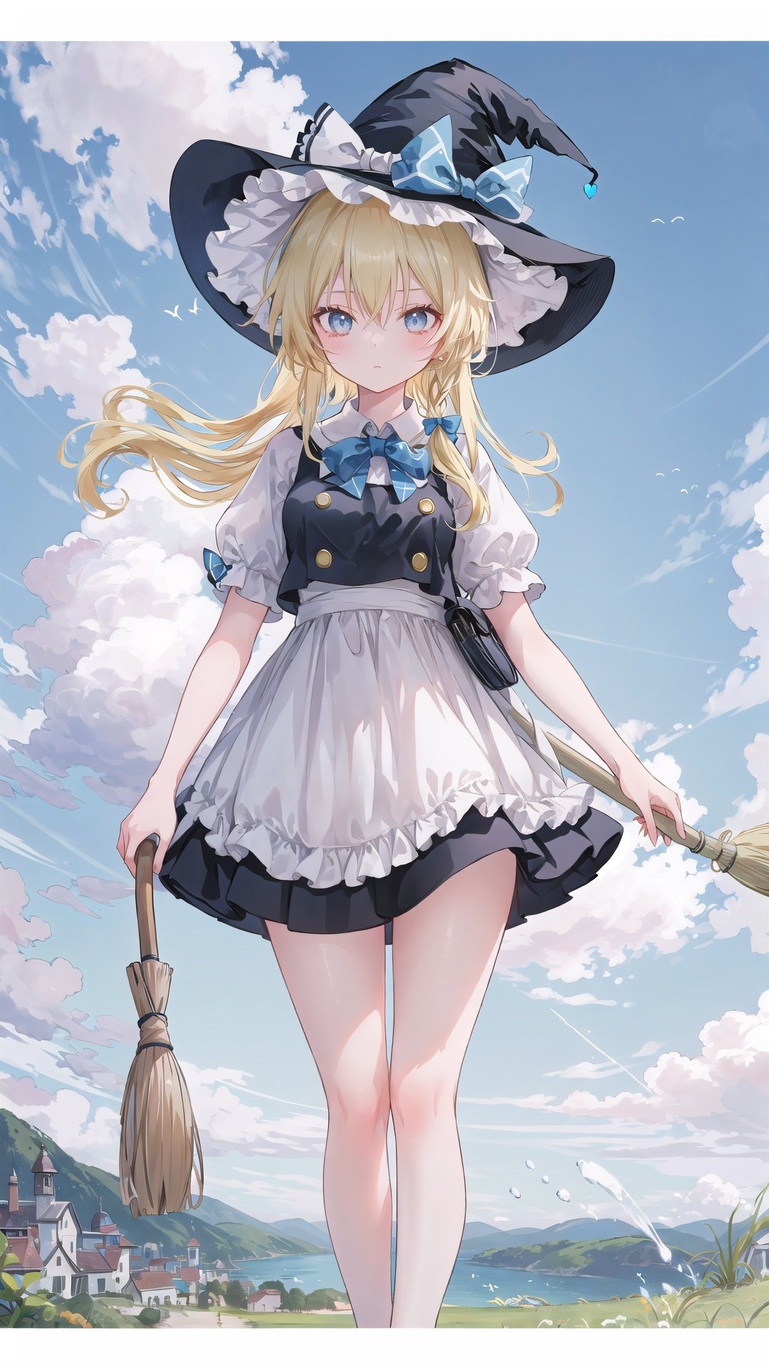 1girl, solo, blonde hair, kirisame marisa, letterboxed, witch hat, hat, broom, sky, cloud, day, broom riding, long hair, grass, outdoors, bow, scenery, flying