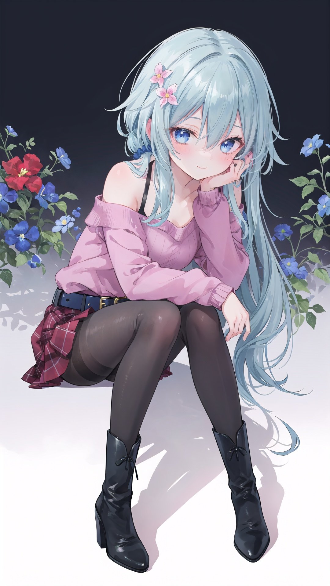 1girl, solo, blue hair, long hair, pantyhose, shoulder cutout, boots, high heels, hair ornament, looking at viewer, high heel boots, bare shoulders, sitting, belt, blush, sweater, skirt, smile, clothing cutout, bangs, plaid, black pantyhose, closed mouth, hairclip, brown footwear, shiny, ankle boots, flower, full body, long sleeves, floral background, hair between eyes, shiny hair, ribbed sweater, very long hair, blue eyes, red flower, jewelry, leaning forward, head rest, scrunchie, hands on own face, plaid skirt