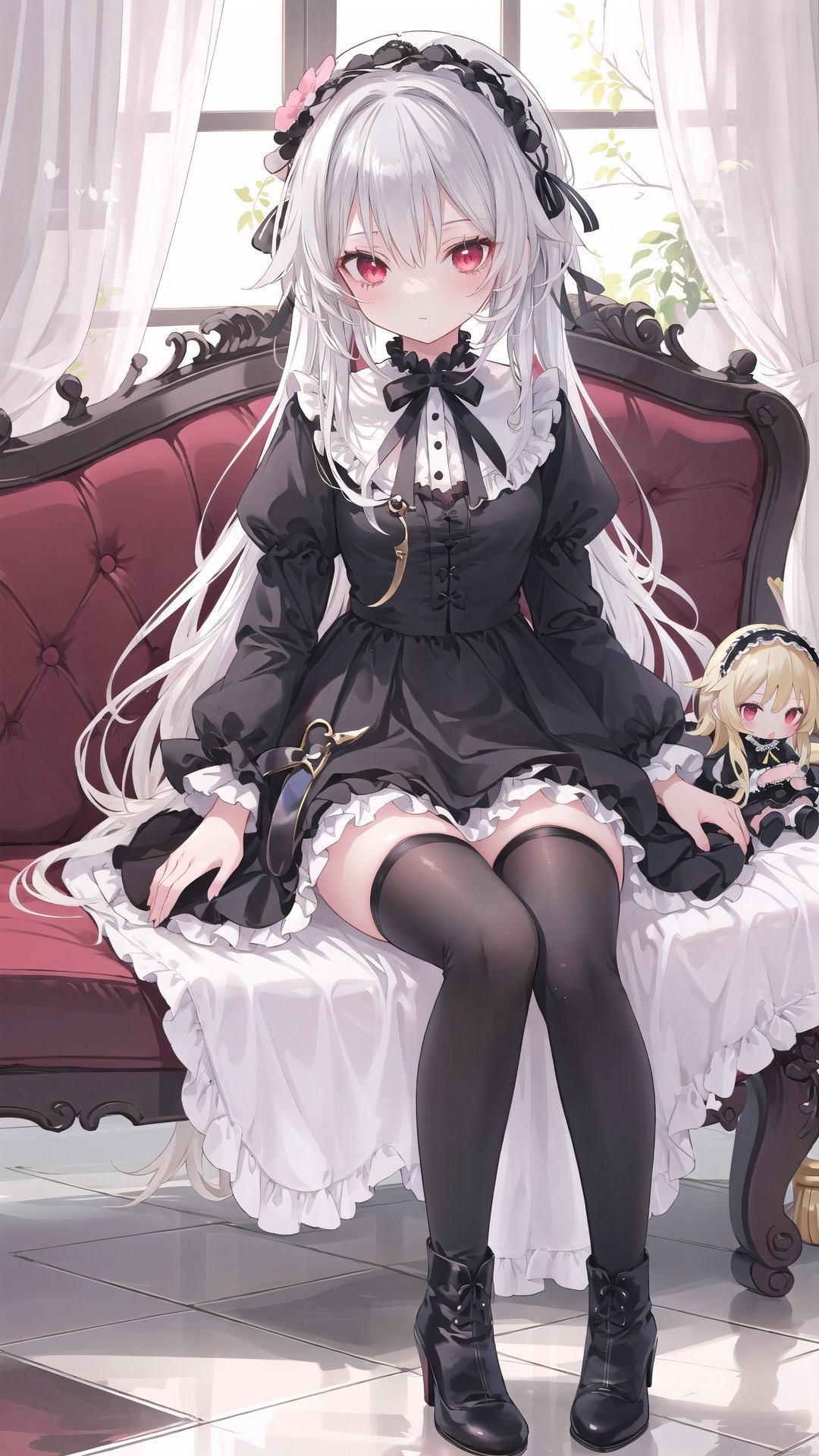 1girl, suigintou, solo, doll joints, red eyes, joints, long hair, dress, thighhighs, wings, hairband, lolita fashion, lolita hairband, sitting, frills, curtains, high heels, gothic lolita, black thighhighs, checkered floor, white hair, boots