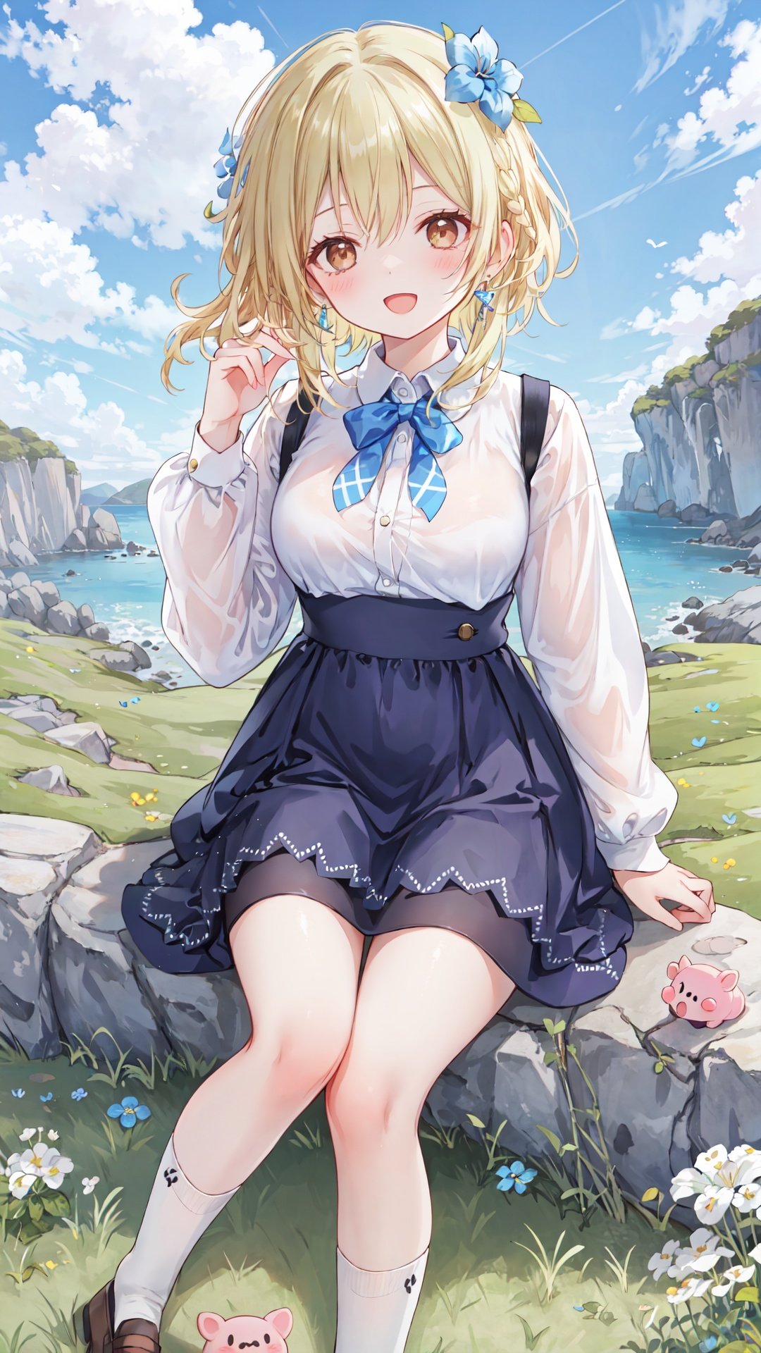 1girl, outdoors, dress, blonde hair, solo, sitting, day, socks, blue dress, looking at viewer, smile, open mouth, brown footwear, grass, earrings, sky, plaid, cloud, white socks, jewelry, plaid dress, shirt, bangs, blush, :d, blue sky, medium hair, shoes, rock, pig, brown eyes, animal, braid, white shirt, hand up, breasts, long hair, long sleeves