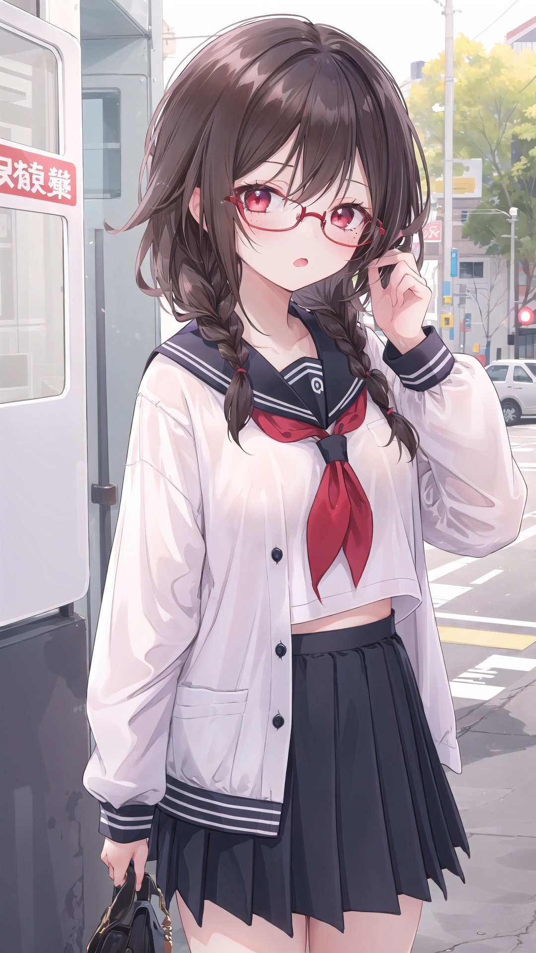 1girl, fukawa touko, mole under mouth, long hair, braid, solo, school uniform, glasses, twin braids, mole, serafuku, skirt, red eyes, brown hair, black hair