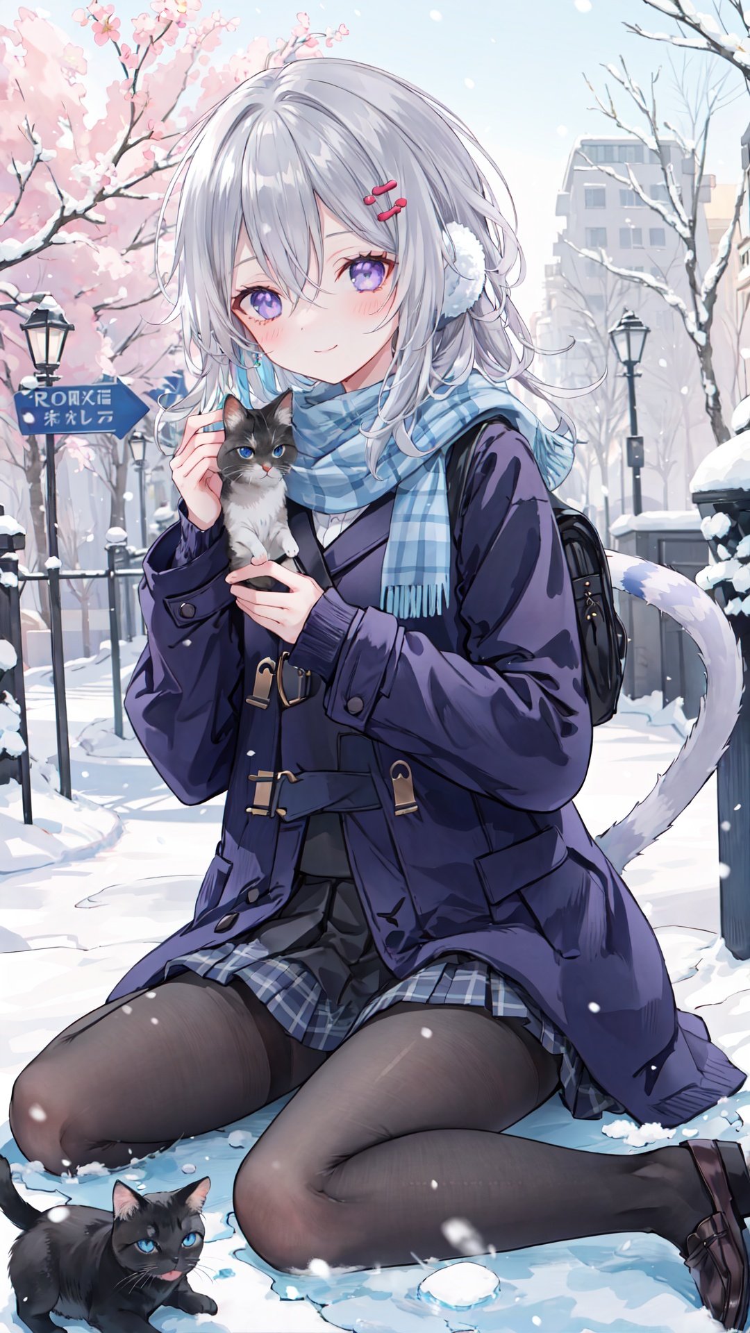 1girl, pantyhose, skirt, cat, scarf, plaid, wariza, smile, outdoors, sitting, solo, hair ornament, long hair, shoes, looking at viewer, animal, bag, black pantyhose, blue skirt, holding, tree, black cat, long sleeves, pleated skirt, closed mouth, plaid scarf, hairclip, coat, bangs, blush, day, snow, loafers, miniskirt, plaid skirt, black footwear, sleeves past wrists, purple eyes, open clothes, sweater, earmuffs, school bag, brown coat, hair between eyes, grey hair, fringe trim, winter, very long hair, school uniform, blue eyes, holding animal