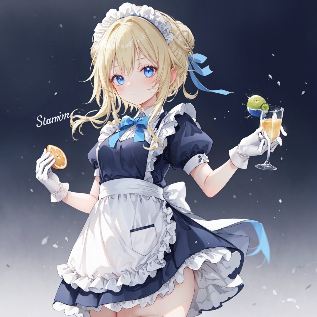  1girl, blonde hair,gloves, holding grapefruit, white gloves, blue eyes, short sleeves, maid, long hair, maid headdress, apron, bow, solo, blue dress, dress, frills, white bow, puffy sleeves, puffy short sleeves, hair bun, sidelocks, bangs, maid apron, blurry, single hair bun, character name, blurry background, back bow, cowboy shot