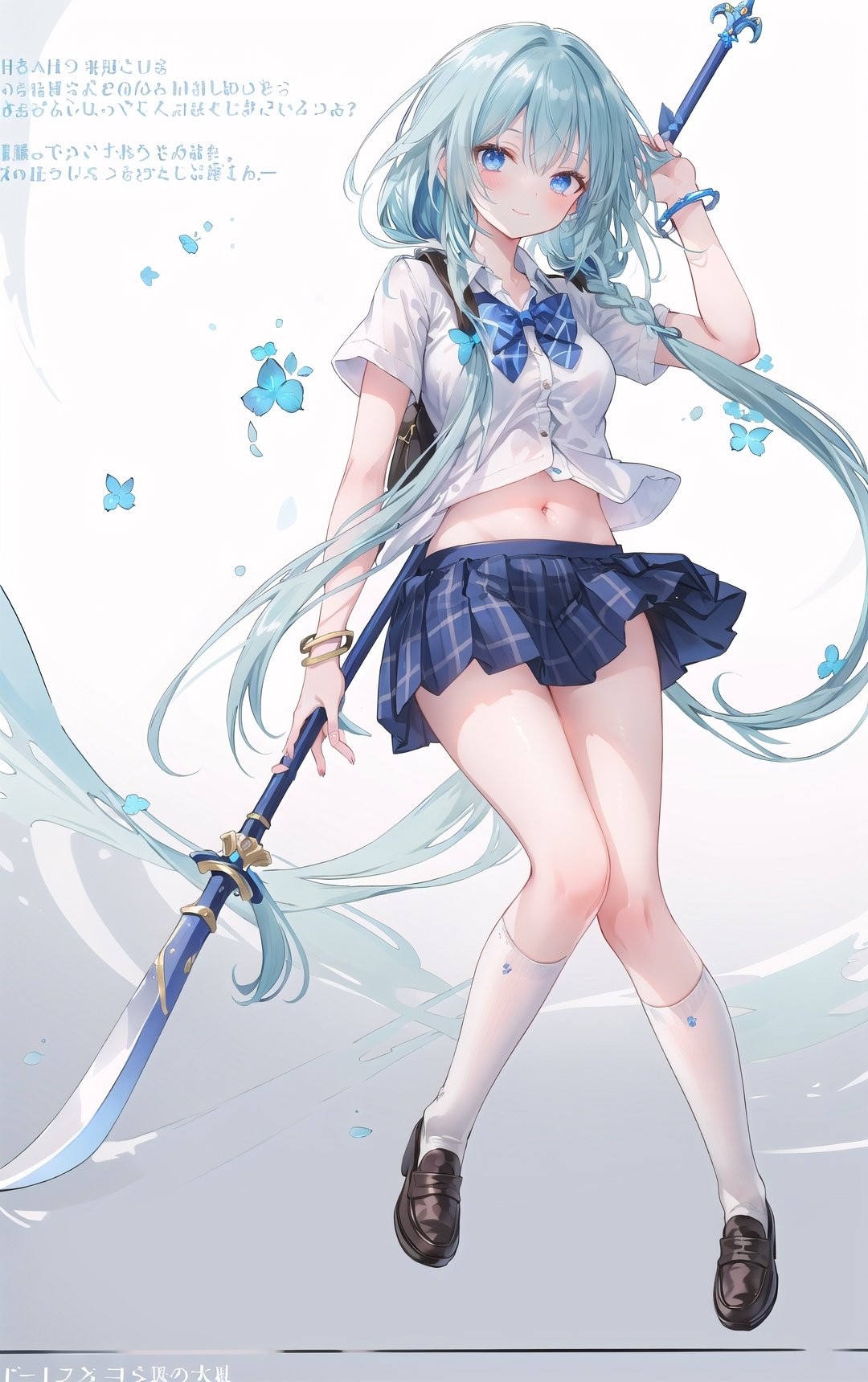 1girl, solo, weapon, skirt, shiny, polearm, holding, full body, simple background, long hair, navel, shoes, holding weapon, shiny hair, bangs, looking at viewer, smile, short sleeves, loafers, bow, pleated skirt, blue hair, socks, shiny skin, bowtie, breasts, naginata, medium breasts, bracelet, jewelry, closed mouth, white background, page number, kneehighs, buttons, school uniform, shirt, brown footwear, spear, black socks, stomach, blue skirt, white shirt, blush, low twintails, hair ornament, shiny clothes, braid, twintails, holding polearm, floral background, plaid, fingernails, hand up