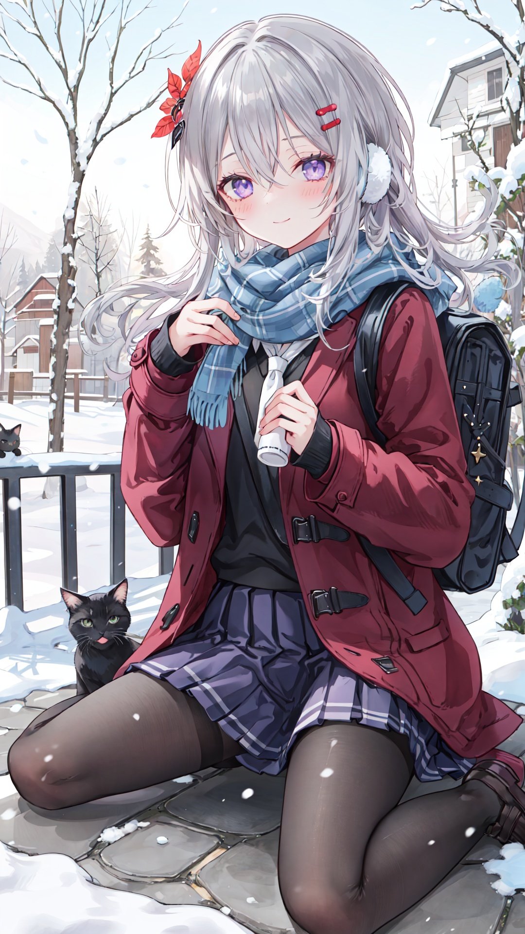 1girl, pantyhose, skirt, cat, scarf, plaid, wariza, smile, outdoors, sitting, solo, hair ornament, long hair, shoes, looking at viewer, animal, bag, black pantyhose, blue skirt, holding, tree, black cat, long sleeves, pleated skirt, closed mouth, plaid scarf, hairclip, coat, bangs, blush, day, snow, loafers, miniskirt, plaid skirt, black footwear, sleeves past wrists, purple eyes, open clothes, sweater, earmuffs, school bag, brown coat, hair between eyes, grey hair, fringe trim, winter, very long hair, school uniform, blue eyes, holding animal