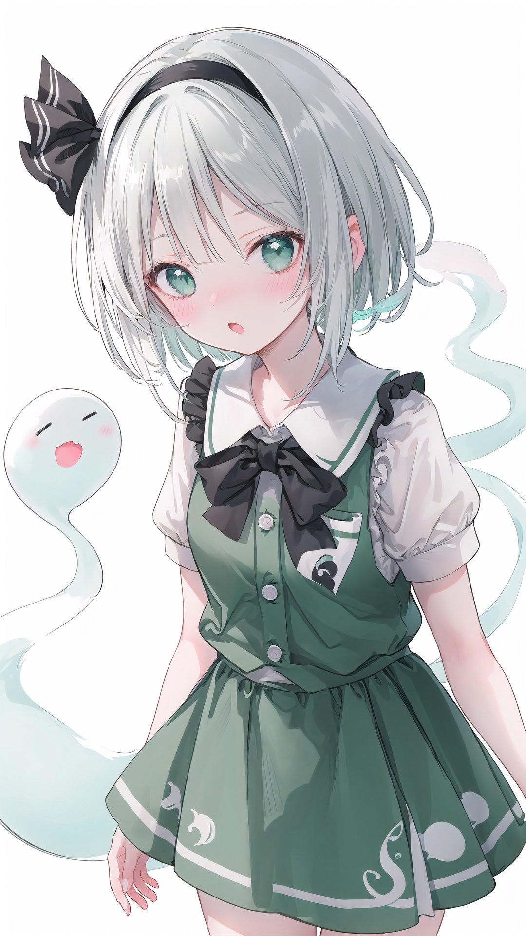 1girl, konpaku youmu, solo, monochrome, konpaku youmu (ghost), green theme, sketch, short hair, hairband, bow, white background, looking at viewer, ribbon, simple background, blush, hitodama, hair ribbon, short sleeves, open mouth, :o, bowtie