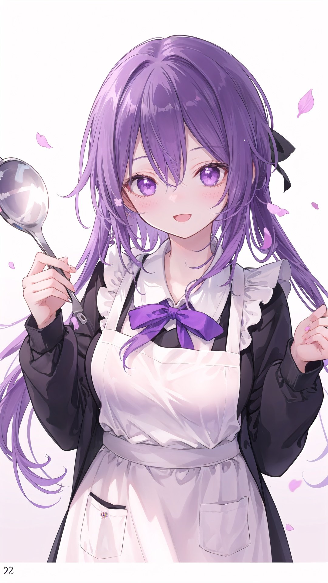 1girl, matou sakura, solo, long hair, purple hair, purple eyes, smile, open mouth, looking at viewer, ladle, blush, apron, bangs, simple background, long sleeves, holding, shiny hair, upper body, school uniform, shiny, ribbon, page number, pink apron, hair ribbon, petals, breasts, :d, medium breasts, homurahara academy school uniform, fingernails