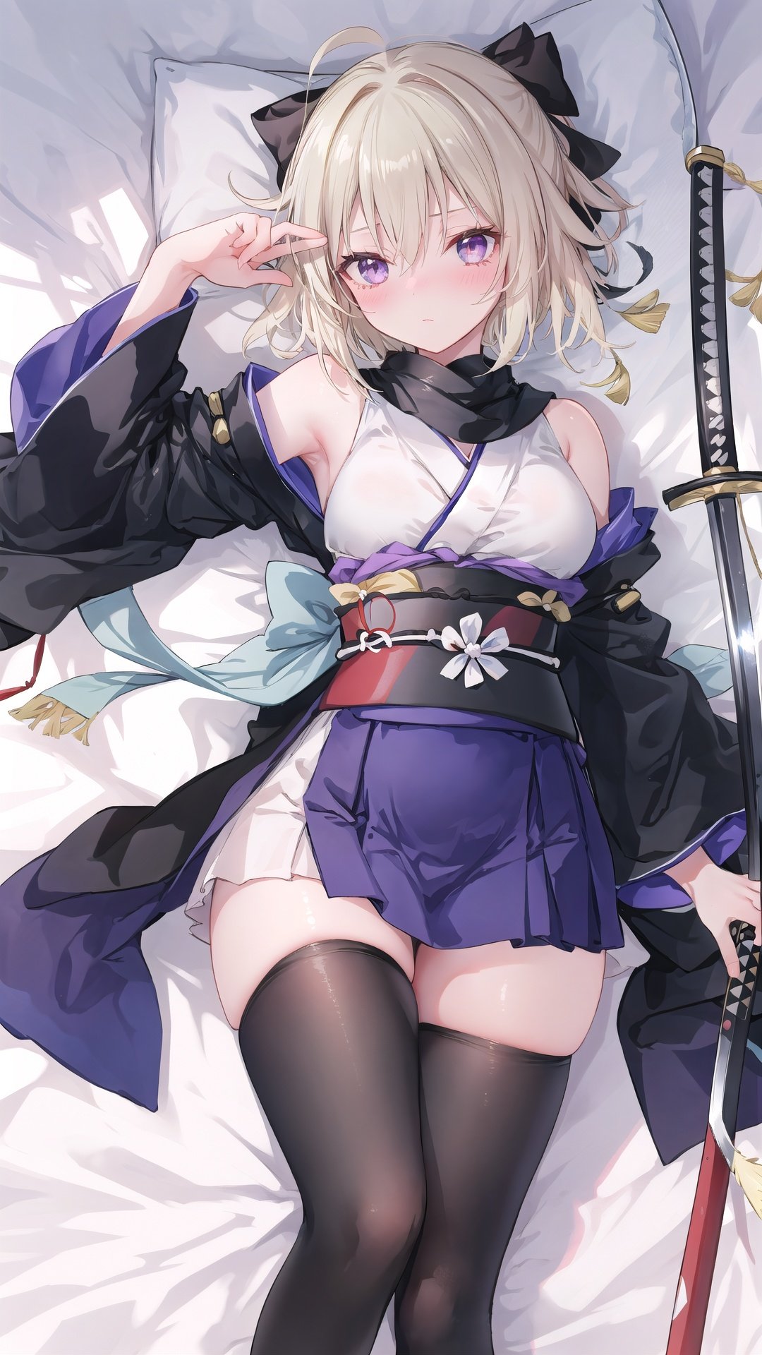 1girl, solo, okita souji (koha-ace), okita souji (fate), weapon, sword, japanese clothes, thighhighs, blonde hair, breasts, katana, kimono, lying, looking at viewer, on back, short hair, bow, scarf, hair bow, blush, short kimono, ahoge, medium breasts, sash, black thighhighs, sheath, shinsengumi, obi, haori