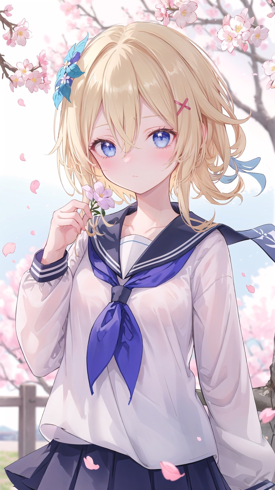 1girl, solo, cherry blossoms, school uniform, blue eyes, hair ornament, blonde hair, looking at viewer, blue shirt, holding, long sleeves, serafuku, branch, flower, shirt, sailor collar, outdoors, neckerchief, bangs, long hair, white sailor collar, blurry, blue neckerchief, pink flower, upper body, holding flower, hairclip, petals, hand up, x hair ornament, spring (season), day, hair between eyes, blurry background, collarbone, blush, sidelocks, depth of field, wind, medium hair, standing, skirt