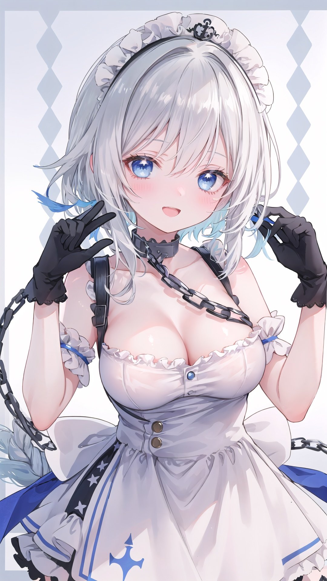 1girl, breasts, solo, gloves, long hair, bangs, open mouth, collar, looking at viewer, maid headdress, smile, shiny, blue eyes, blush, simple background, buttons, belfast (azur lane), upper body, white gloves, braid, white hair, shiny hair, chain, collarbone, sleeveless, elbow gloves, large breasts, cleavage, frills, french braid, shiny skin, dress, argyle, bare shoulders, hands up, checkered background, maid, argyle background, :d, page number