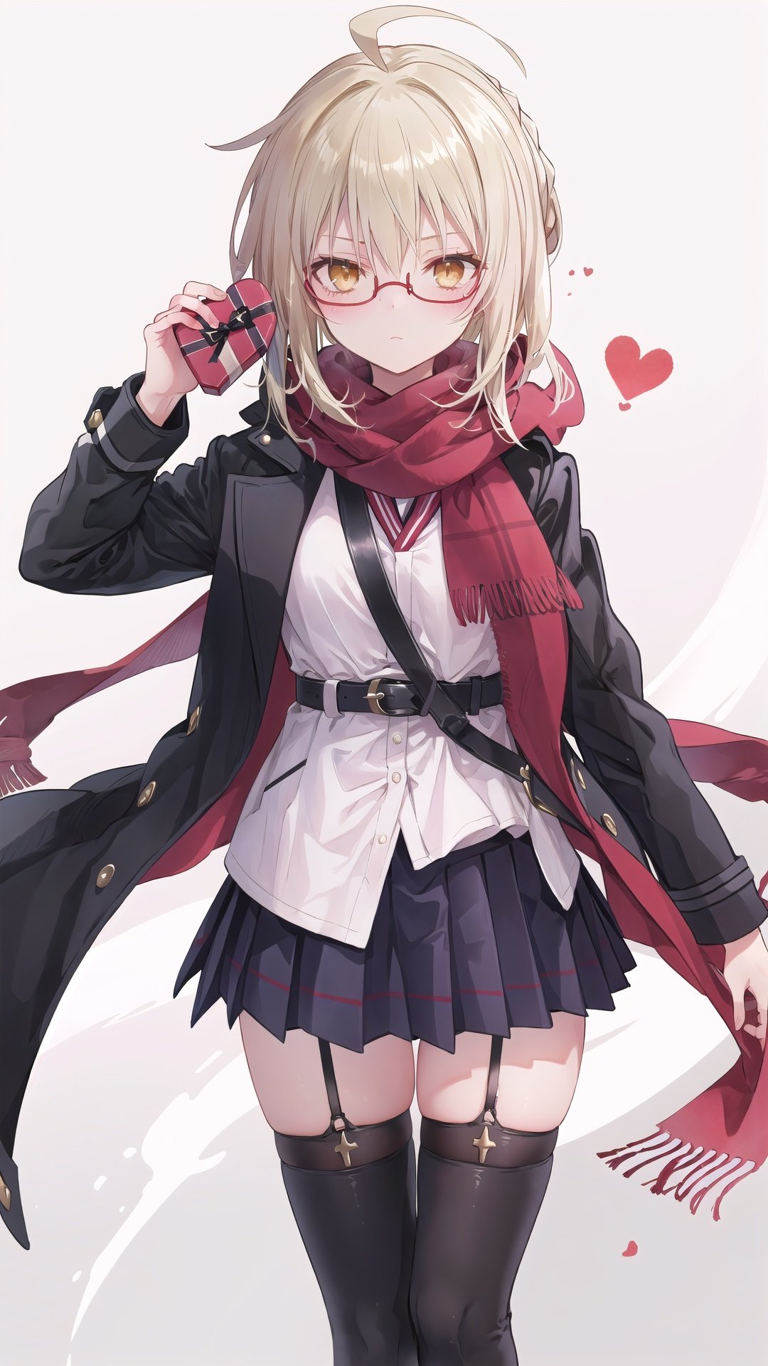 1girl, mysterious heroine x alter (first ascension) (fate), mysterious heroine x alter (fate), solo, artoria pendragon (fate), scarf, glasses, thighhighs, blonde hair, boots, sword, ahoge, red scarf, plaid scarf, weapon, looking at viewer, skirt, black thighhighs, knee boots, garter straps, yellow eyes, gift, semi-rimless eyewear, school uniform, valentine, plaid, under-rim eyewear, belt boots, full body, braid, black-framed eyewear, jacket, pleated skirt, holding, box, excalibur (fate/stay night), coat, french braid