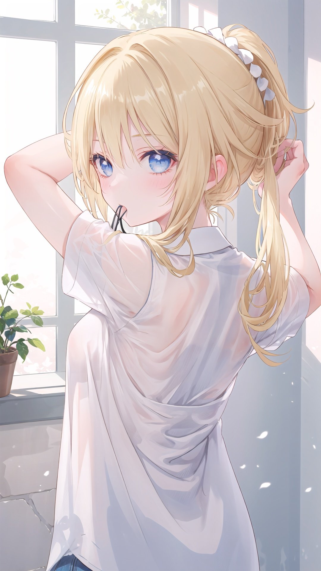 1girl, solo, blonde hair, shirt, long hair, short sleeves, blue eyes, white shirt, ponytail, upper body, looking at viewer, tying hair, from behind, arms up, nape, breasts, bangs, looking back, sidelocks, mouth hold, hair tie