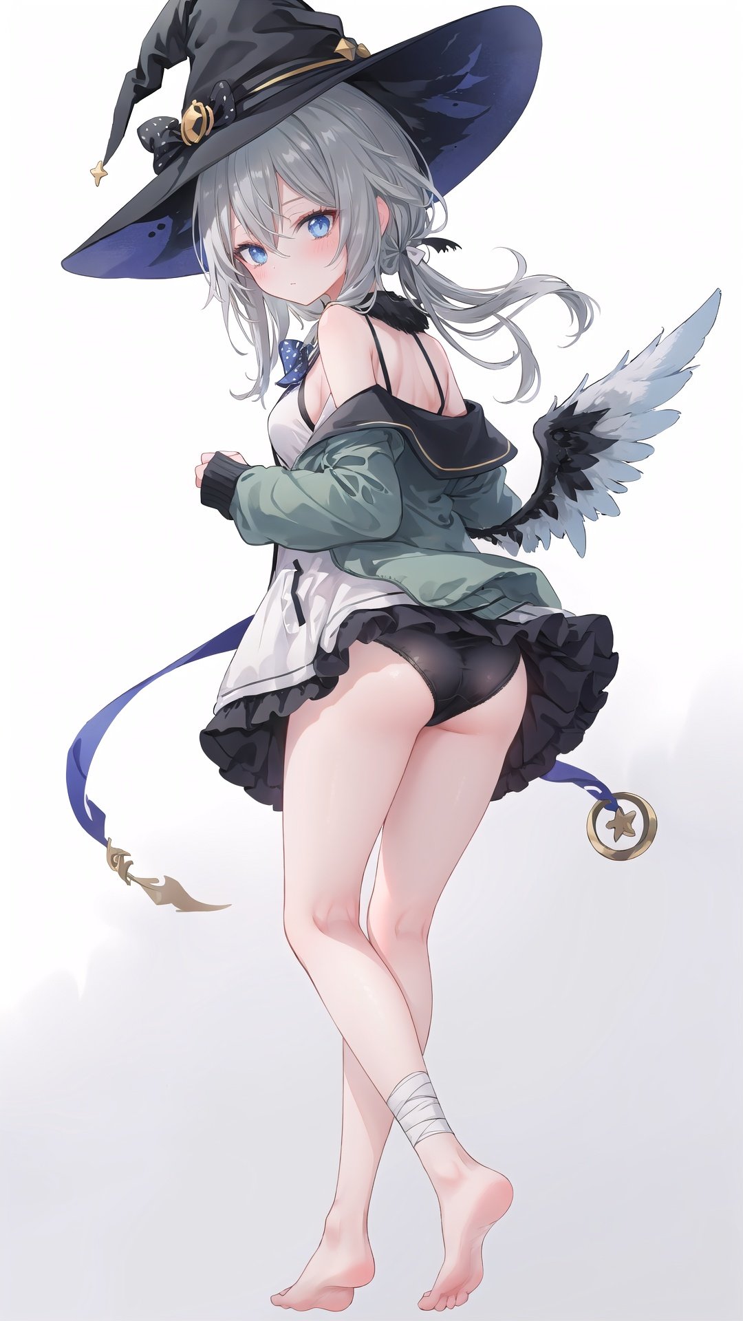 1girl, solo, witch hat, hat, orange bow, wings, barefoot, long hair, bow, looking at viewer, hat bow, jacket, feathered wings, blue eyes, white dress, bare shoulders, off shoulder, open clothes, dress, long sleeves, open jacket, strap slip, polka dot, grey hair, angel wings, green jacket, halloween, bangs, blush, black headwear, breasts, bandaged leg, looking back, sleeveless, sleeves past wrists, soles, white wings, full body, underwear, hair between eyes, closed mouth, grey background, small breasts, sleeveless dress, bandages, ass