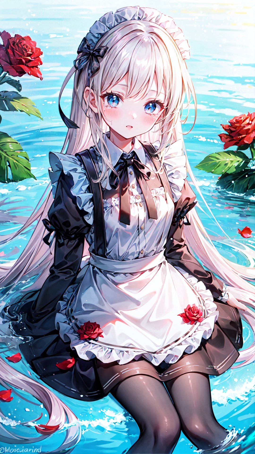 1girl, solo, long hair, maid, blonde hair, apron, pantyhose, looking at viewer, flower, dress, maid headdress, black pantyhose, maid apron, red flower, rose, sitting, long sleeves, frills, blush, bangs, water, black dress, red rose, white apron, petals, wet, twitter username, parted lips, blue eyes, frilled dress, tears