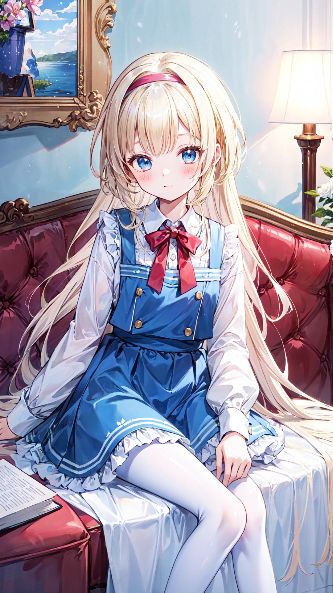 alice margatroid,1girl,solo,long hair,blonde hair,white pantyhose,sitting,hairband,looking at viewer,pantyhose,red hairband,indoors,dress,shirt,frills,long sleeves,bangs,book,white shirt,blush,flower,very long hair,lamp,bow,blue eyes,feet out of frame,blue dress,ribbon,blue bow,holding,chair,skirt,bowtie,blue skirt,neck ribbon,puffy sleeves,closed mouth,picture frame,painting (object),couch,collared shirt,cup,frilled dress,picture (object),pinafore dress,