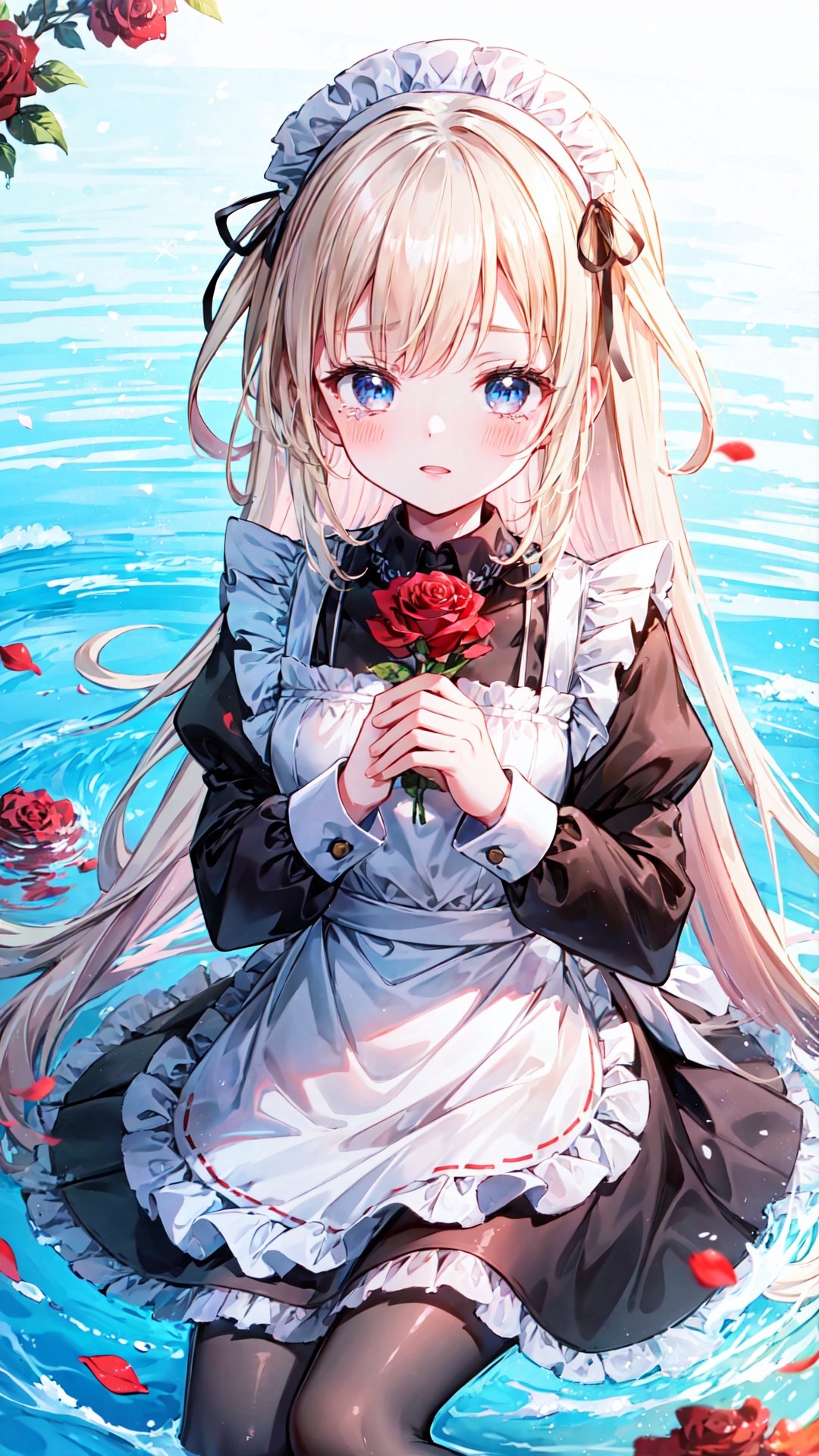 1girl, solo, long hair, maid, blonde hair, apron, pantyhose, looking at viewer, flower, dress, maid headdress, black pantyhose, maid apron, red flower, rose, sitting, long sleeves, frills, blush, bangs, water, black dress, red rose, white apron, petals, wet, twitter username, parted lips, blue eyes, frilled dress, tears