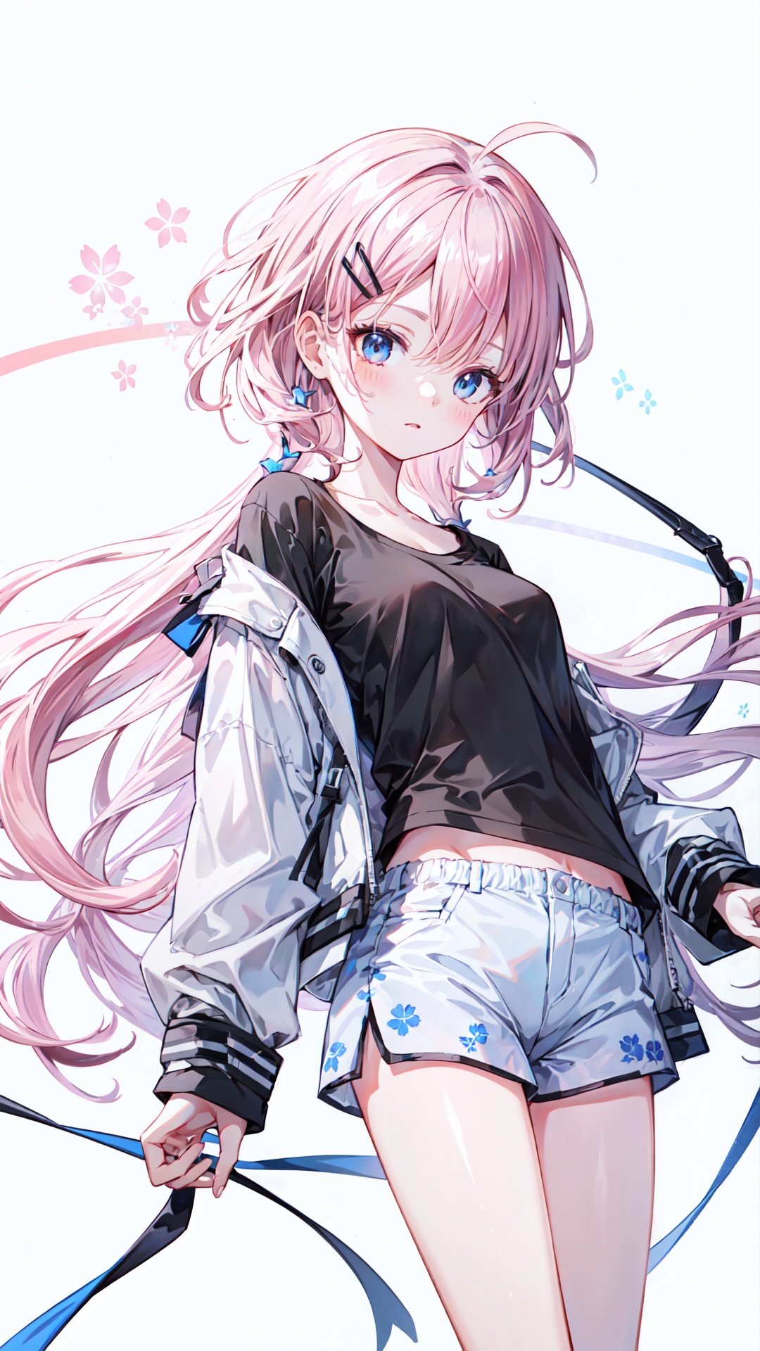  [(white background:1.4)::10],+++++masterpiece, loli, petite, medium breast, (panorama:1.2), caustics, best quality, beautiful detailed eyes, (pink hair), wavy hair, disheveled hair, messy hair, long bangs, hairs between eyes, extremely detailed, floating hair, (black short shorts), solo, best quality, masterpiece, highres, original, extremely detailed wallpaper, {an extremely delicate and beautiful}++++loose clothes, (black t-shirt:1.4), (white open jacket:1.2), ++, hairclip+/*/*/*++(floral print:1.2)+/*/*/*+++blue eyes, {beautiful eyes}, solo