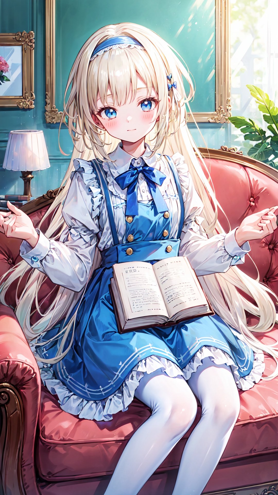 alice margatroid,1girl,solo,long hair,blonde hair,white pantyhose,sitting,hairband,looking at viewer,pantyhose,red hairband,indoors,dress,shirt,frills,long sleeves,bangs,book,white shirt,blush,flower,very long hair,lamp,bow,blue eyes,feet out of frame,blue dress,ribbon,blue bow,holding,chair,skirt,bowtie,blue skirt,neck ribbon,puffy sleeves,closed mouth,picture frame,painting (object),couch,collared shirt,cup,frilled dress,picture (object),pinafore dress,