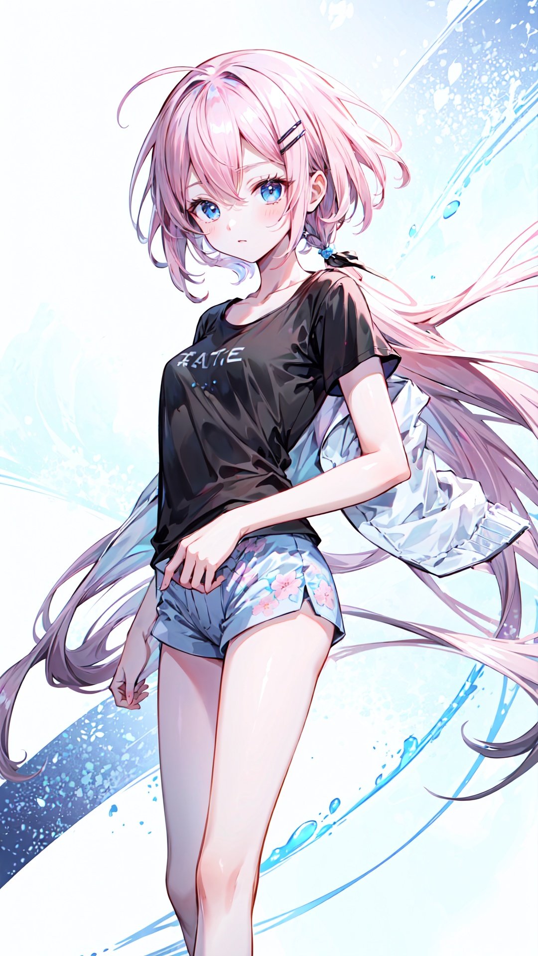  [(white background:1.4)::10],+++++masterpiece, loli, petite, medium breast, (panorama:1.2), caustics, best quality, beautiful detailed eyes, (pink hair), wavy hair, disheveled hair, messy hair, long bangs, hairs between eyes, extremely detailed, floating hair, (black short shorts), solo, best quality, masterpiece, highres, original, extremely detailed wallpaper, {an extremely delicate and beautiful}++++loose clothes, (black t-shirt:1.4), (white open jacket:1.2), ++, hairclip+/*/*/*++(floral print:1.2)+/*/*/*+++blue eyes, {beautiful eyes}, solo