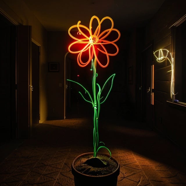 light_painting, neon lights, neon, lights, a flower with a long stem in a dark room