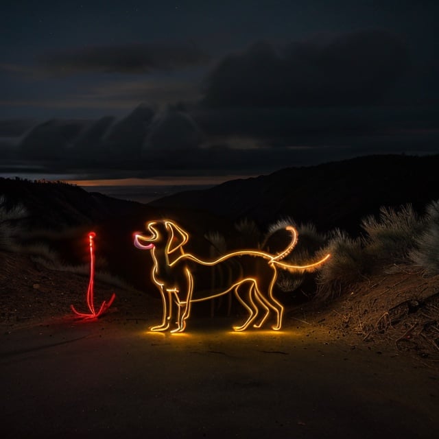 light_painting, neon lights, neon, lights, a dog is lit up in the dark