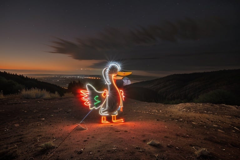 light_painting, neon lights, neon, lights, a neon duck is standing on a hill