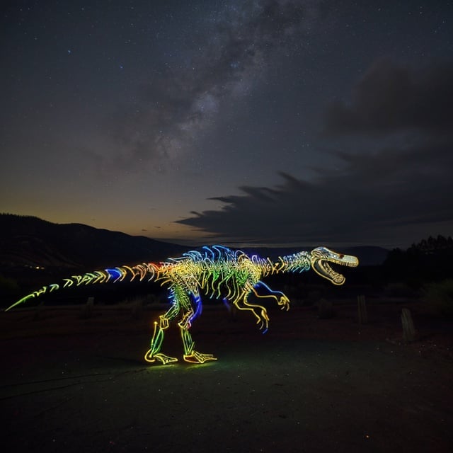 
light_painting, neon lights, neon, lights, a dinosaur is lit up with blue light