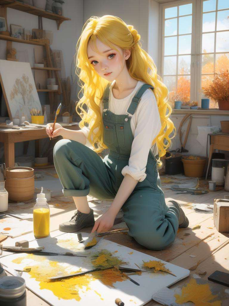 (masterpiece,best quality:1.5),ultra realistic,32k,RAW photo,(high detailed skin:1.2), 8k uhd, dslr, soft lighting, high quality, film grain,macro lens ,(🌊,🏖️),🪵,🌿,🍂, lady,(moss overalls, camisole:1.1),long hair, (wavy hair, DayGlo yellow hair),summer day, in the painting studio,messy drawings,large  breast,autumn day,(🍁:1.1), Working,sweaty,gorgeous light and shadow, stunning environment,(vibrant colors:1.2),palettes, paintbrushes, paint splatters,, anime