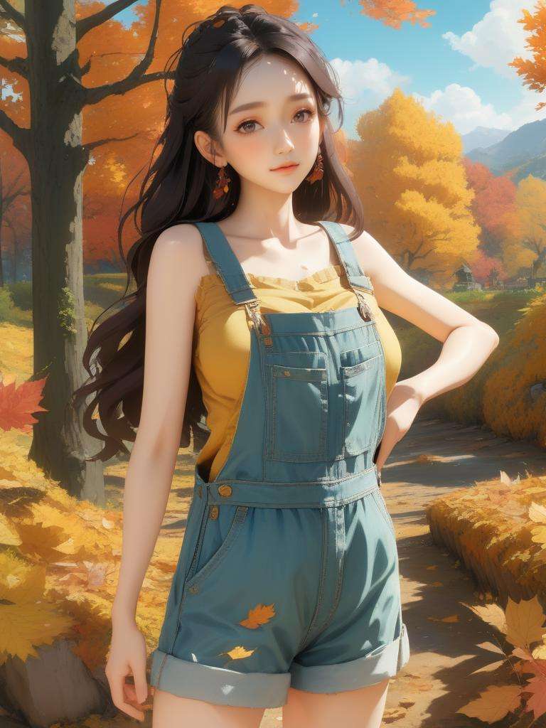 (masterpiece,best quality:1.5),ultra realistic,32k,RAW photo,(high detailed skin:1.2), 8k uhd, dslr, soft lighting, high quality, film grain,beautiful ,(🌊,🌋),🌸,🍀, lady,(moss overalls, camisole:1.1),long hair, (wavy hair, Neutral hair),summer day, in the painting studio,messy drawings,large  breast,autumn day,(🍁:1.1), Working,sweaty,gorgeous light and shadow, stunning environment,(vibrant colors:1.2),palettes, paintbrushes, paint splatters,, anime