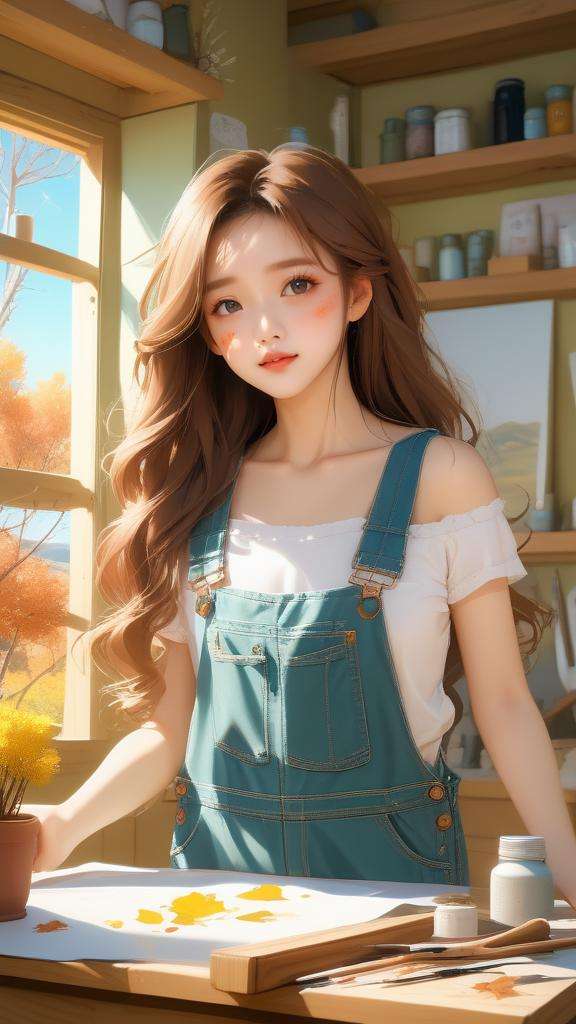 (masterpiece,best quality:1.5),ultra realistic,32k,RAW photo,(high detailed skin:1.2), 8k uhd, dslr, soft lighting, high quality, film grain,beautifully lit ,(🌊,???﷿️),🌲,🌸,🍀, lady,(moss overalls, camisole:1.1),long hair, (wavy hair, Acid colors hair),summer day, in the painting studio,messy drawings,large  breast,autumn day,(🍁:1.1), Working,sweaty,gorgeous light and shadow, stunning environment,(vibrant colors:1.2),palettes, paintbrushes, paint splatters,, anime