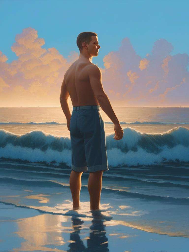 (masterpiece,best quality:1.5), Style of Bo Bartlett,Cleancore (🌊),🍂, Shia LaBeouf, Proud, -material- trimmings,at Blue hour,Revolting,New Orleans, anime