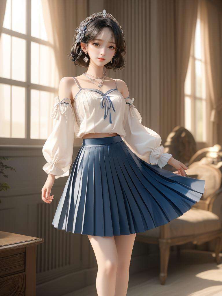 (masterpiece,best quality:1.5),ultra realistic,32k,RAW photo,(high detailed skin:1.2), 8k uhd, dslr, soft lighting, high quality, film grain,Flickr ,(???﷿️),🍂,🌹, pleated skirt , camisole ,pretty lady , royal style, diamond  accessories,, anime