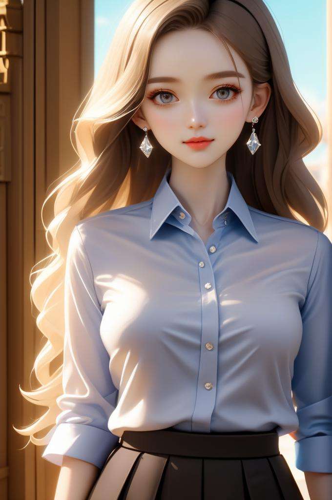 (masterpiece,best quality:1.5),ultra realistic,32k,RAW photo,(high detailed skin:1.2), 8k uhd, dslr, soft lighting, high quality, film grain,Side lighting ,(???﷿️,🛕),🐚,🌹, pencil skirt , button down shirt ,pretty lady , royal style, diamond  accessories,, anime