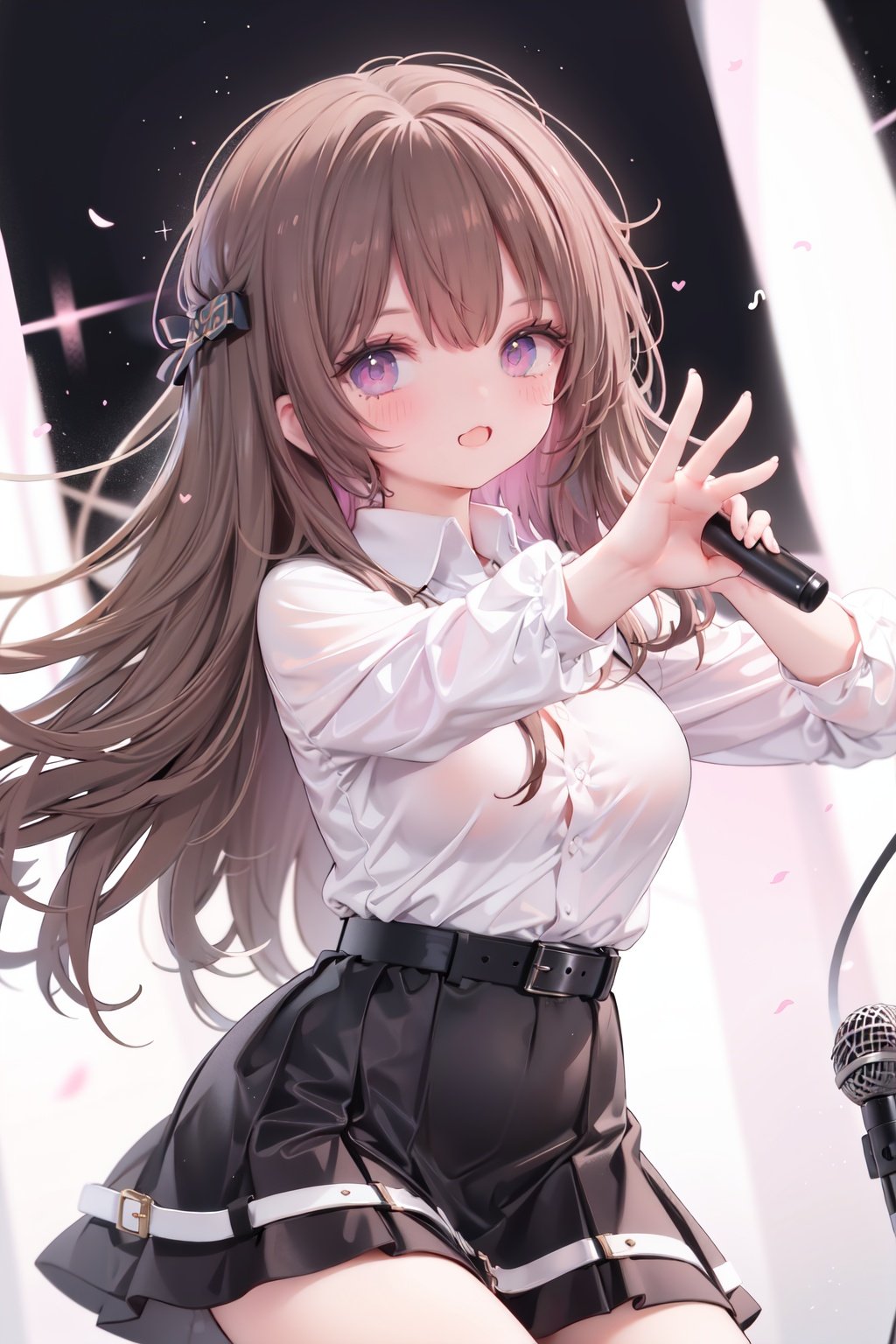  1girl, solo, microphone, smile, skirt, blush, brown eyes, long hair, open mouth, looking at viewer, brown hair, long sleeves, :d, shirt, bangs, belt, breasts, pink shirt, outstretched arm, music, black belt, medium breasts, holding microphone, singing