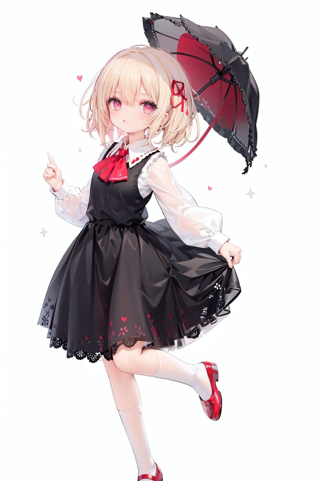  1girl, rumia, blonde hair, solo, white background, red eyes, red footwear, simple background, ascot, short hair, ribbon, open mouth, hair ribbon, smile, long sleeves, shirt, looking at viewer, red ascot, white socks, white shirt, red ribbon, shoes, socks, frills, bangs, outstretched arms, hair between eyes, skirt, :d, dress, vest, mary janes, black dress, black skirt, collared shirt, black vest, blush