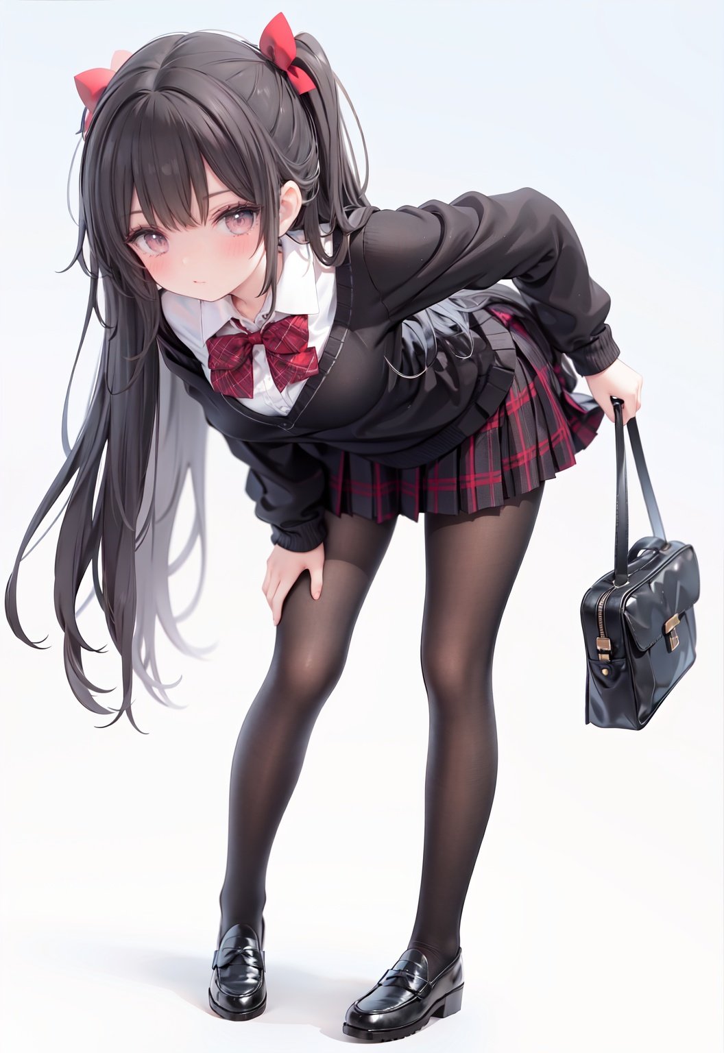  1girl, solo, pantyhose, skirt, long hair, loafers, shoes, simple background, school uniform, brown eyes, plaid, black pantyhose, plaid skirt, looking at viewer, black hair, pantyhose pull, full body, clothes pull, black footwear, pleated skirt, leaning forward, bangs, long sleeves, bent over, cardigan, bow, bowtie, standing, closed mouth, pulled by self, grey background, blush, miniskirt, red bow, sweater, undressing