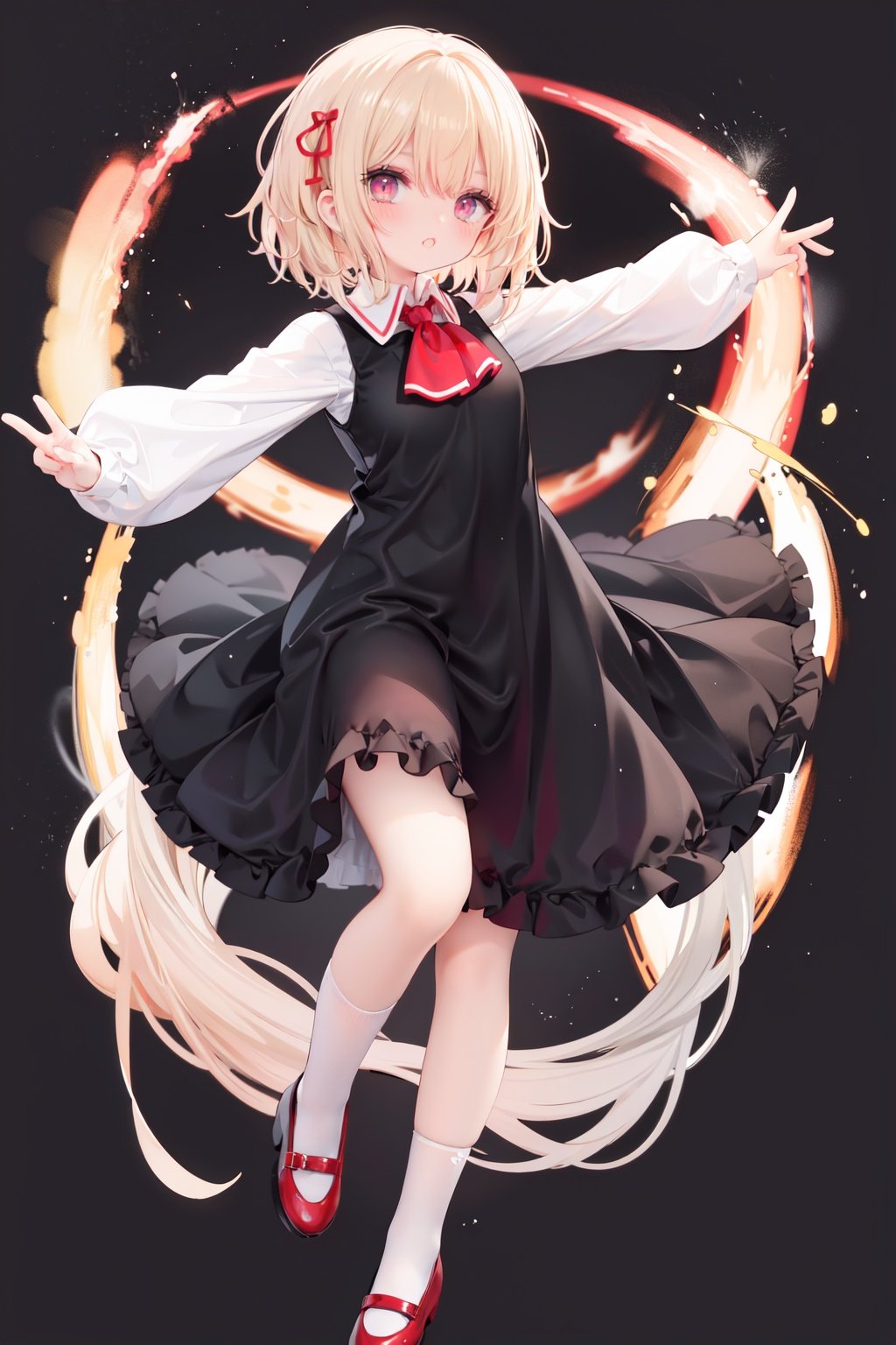  1girl, rumia, blonde hair, solo, white background, red eyes, red footwear, simple background, ascot, short hair, ribbon, open mouth, hair ribbon, smile, long sleeves, shirt, looking at viewer, red ascot, white socks, white shirt, red ribbon, shoes, socks, frills, bangs, outstretched arms, hair between eyes, skirt, :d, dress, vest, mary janes, black dress, black skirt, collared shirt, black vest, blush