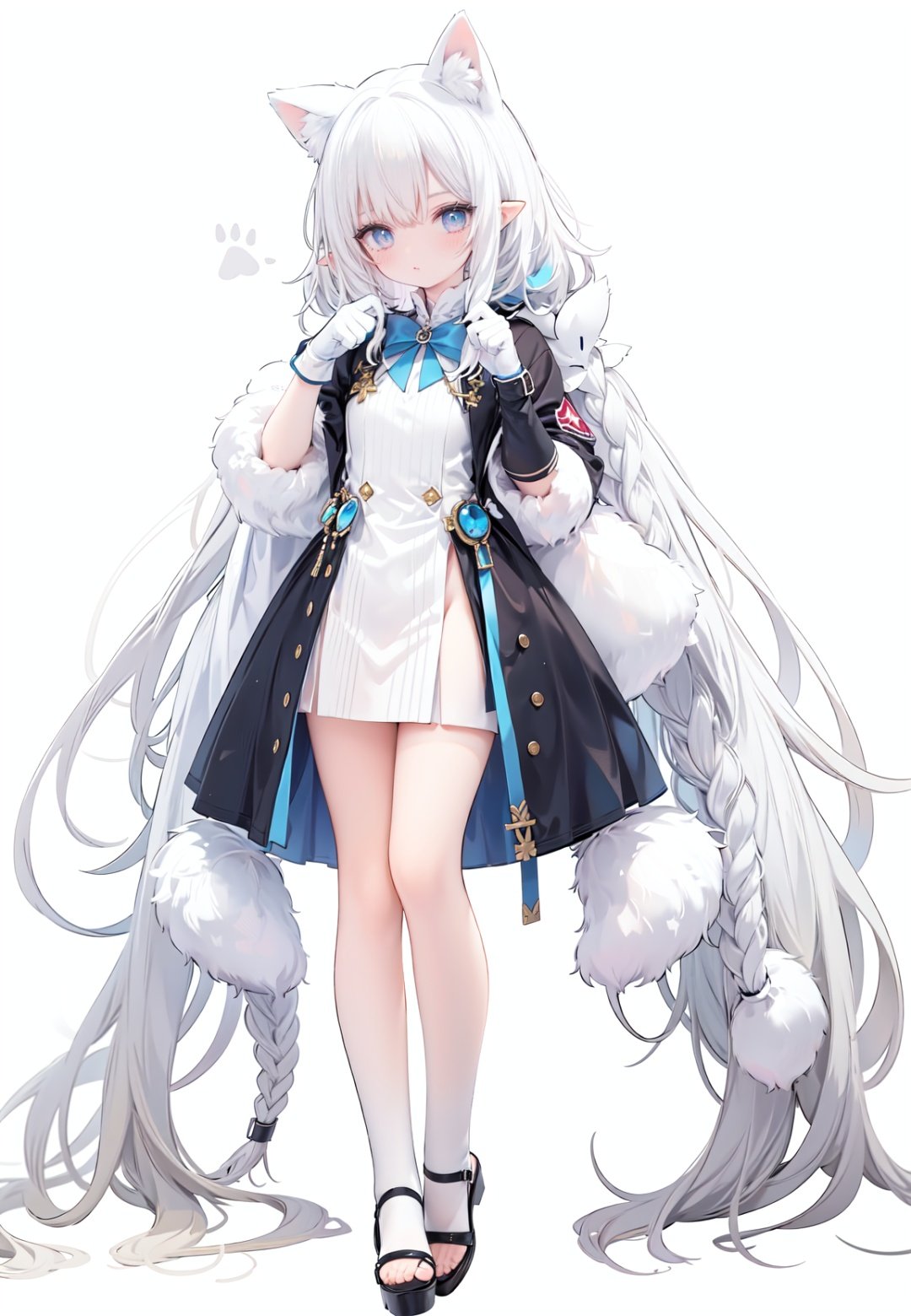  1girl, white_gloves, braid, full_body, gloves, long_hair, official_alternate_costume, pointy_ears, simple_background, solo, standing, very_long_hair, white_background, white hair, blue eyes, paw claw pose, open_mouth